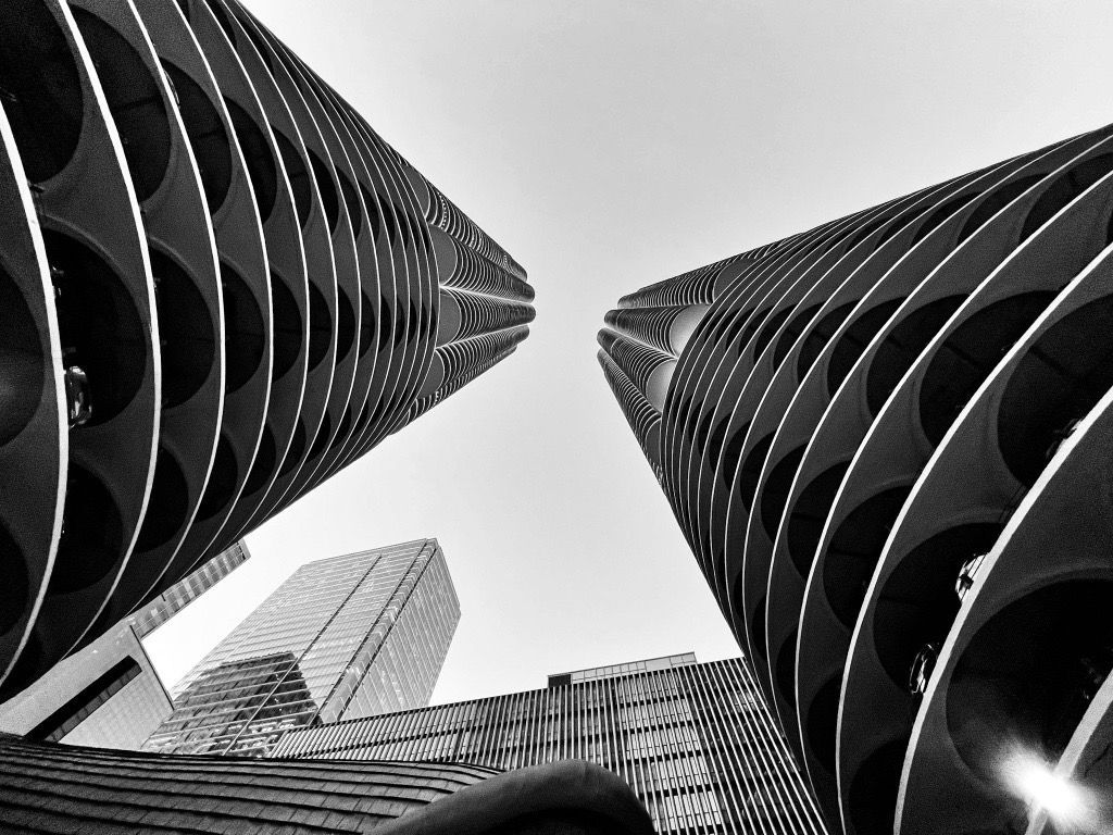 Marina City towers, Chicago — cinematic B&W