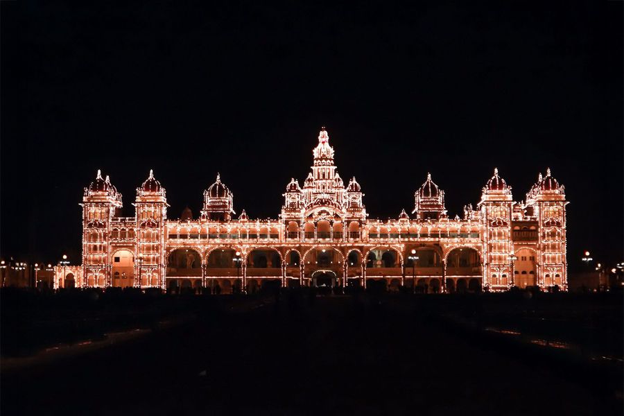 Mysore Palace lit up at night, Karnataka, India