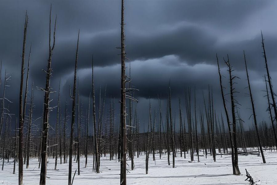 Dead forest with storm clouds approaching, Yellowstone National Park